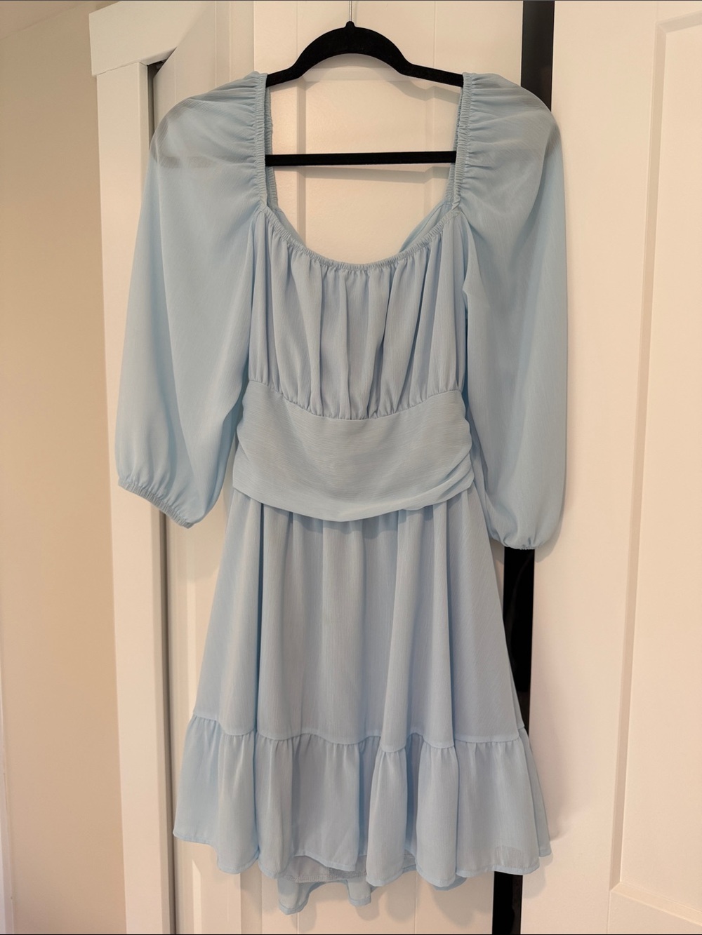 Light Blue Puff Sleeve Ruffled Mini Dress